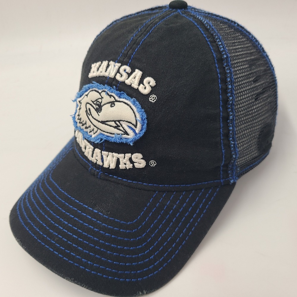 Kansas Jayhawks Hat Snapback Trucker Mesh Signatures Black Blue Distressed NCAA